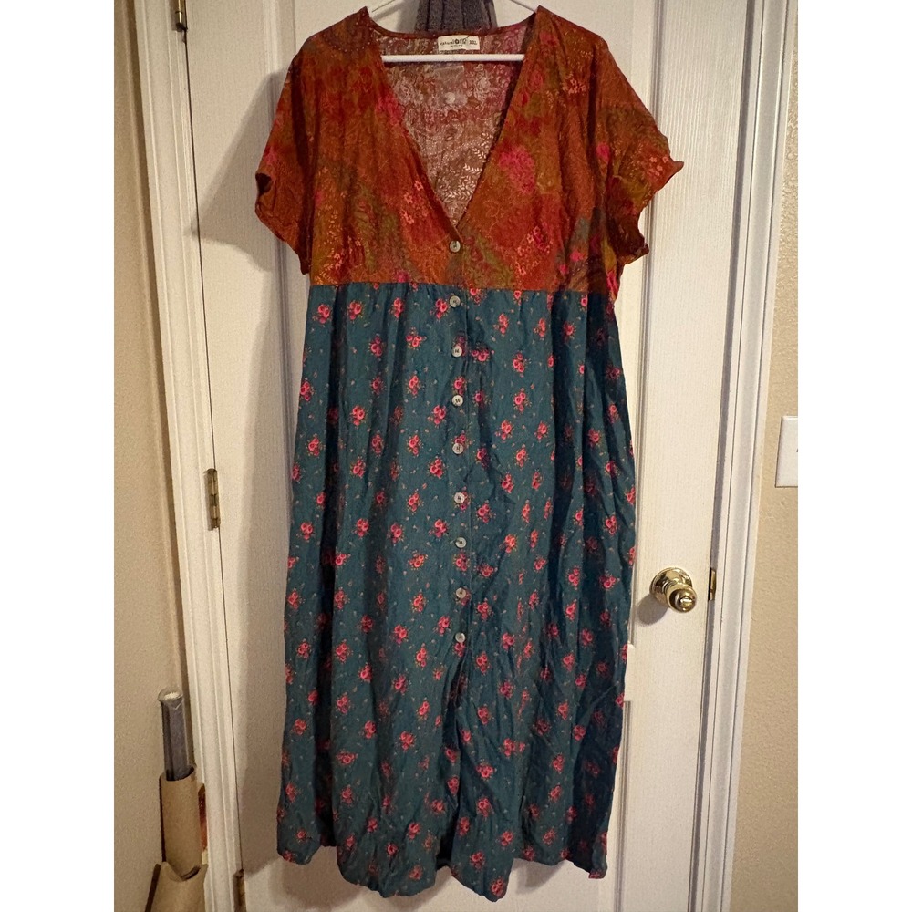 Natural Life Maxi Dress NWOT XXL Teal Rust Mixed Floral Button Front Cotton Boho